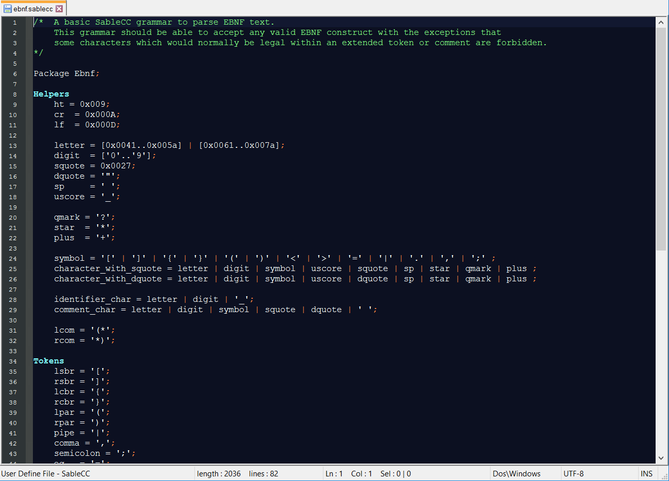 Notepad++ showing SableCC grammer wiht syntaxt highlighting enabled